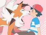  1boy baseball_cap black_hair blue_shirt brown_eyes brown_shorts closed_eyes commentary_request emphasis_lines eye_contact hat heart licking looking_at_another lycanroc okaohito1 pink_background pokemon pokemon_(anime) pokemon_(creature) pokemon_sm_(anime) satoshi_(pokemon) shirt short_sleeves shorts simple_background sitting spiked_hair tongue tongue_out 