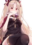  1girl bangs black_dress black_legwear blonde_hair blush cape commentary_request diadem dress earrings ereshkigal_(fate/grand_order) fate/grand_order fate_(series) frown hair_ribbon highres infinity jewelry long_hair looking_at_viewer meltymaple parted_bangs red_eyes red_ribbon ribbon simple_background single_thighhigh skull solo thighhighs two_side_up very_long_hair white_background 