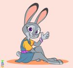  2020 anthro bottomwear bracelet clothed clothing dipstick_ears disney fully_clothed fur grey_body grey_fur grin hi_res jewelry judy_hopps lagomorph leporid looking_at_viewer mammal multicolored_ears pink_background pink_nose purple_eyes rabbit simple_background sitting skirt smile solo theblueberrycarrots zootopia 