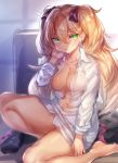  1girl black_jacket blonde_hair blush boots breasts closed_mouth eyebrows_visible_through_hair green_eyes hair_between_eyes jacket large_breasts long_sleeves naked_shirt navel necktie original shirt sitting solo sunlight twintails white_shirt yamaarashi 