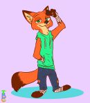  2020 absurd_res anthro bandage black_nose bottomwear canid canine clothed clothing dipstick_ears disney fox fully_clothed fur gloves_(marking) green_eyes hand_in_pocket hi_res inner_ear_fluff looking_at_viewer mammal markings multicolored_ears nick_wilde orange_body orange_fur pockets purple_background red_fox simple_background solo standing theblueberrycarrots tongue tongue_out topwear torn_bottomwear torn_clothing torn_topwear tuft zootopia 