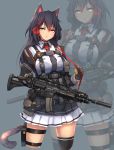  absurdres animal_ears assault_rifle black_hair cat_ears cat_girl cat_tail commission gloves gun h&amp;k_g36 highres holding holding_gun holding_weapon long_hair looking_at_viewer original rifle sailor_senshi_uniform skirt syaha tail weapon yellow_eyes 