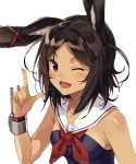  1girl animal_ear_fluff animal_ears arm_up azur_lane brown_hair bunny_ears commentary_request dark_skin ear_ribbon highres i-26_(azur_lane) index_finger_raised nozo_(hibi_tsurezure) one-piece_swimsuit one_eye_closed open_mouth red_eyes sailor_collar short_hair simple_background smile solo strapless strapless_swimsuit swimsuit upper_body white_background 