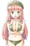  1girl :d arnest bangs bare_arms bare_shoulders beret bikini black_bow blush bow braid breast_hold breasts collarbone commentary_request cowboy_shot crossed_arms eyebrows_visible_through_hair green_bikini green_eyes green_headwear hair_bow hat hong_meiling large_breasts long_hair looking_at_viewer navel open_mouth red_hair side-tie_bikini simple_background smile solo standing star stomach sweat swimsuit touhou twin_braids very_long_hair white_background 