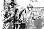  2girls 4boys blood_(game) book bookshelf caleb_(blood) coat commentary english_commentary gaikotsu_shotenin_honda-san greyscale hat holding holding_book honda-san long_hair monitor monochrome multiple_boys multiple_girls queue shopping_basket short_hair sign simple_background skeleton smile substance20 trembling 