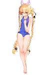  1girl animal_ear_fluff animal_ears ass_visible_through_thighs bangs bare_arms bare_legs bare_shoulders barefoot blonde_hair blue_swimsuit blush braid breasts closed_mouth collarbone commentary_request covered_navel dokomon eyebrows_visible_through_hair full_body girls_frontline hair_between_eyes hair_ornament hairclip hand_up highres korean_commentary long_hair long_legs old_school_swimsuit one-piece_swimsuit pink_eyes school_swimsuit simple_background small_breasts solo sr-3mp_(girls_frontline) standing swimsuit thigh_gap twin_braids twintails very_long_hair white_background 
