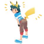  1boy :3 black_hair blue_footwear blue_shirt brown_eyes brown_shorts commentary_request emphasis_lines from_behind looking_at_viewer okaohito1 pikachu_ears pikachu_tail pokemon pokemon_(anime) pokemon_ears pokemon_sm_(anime) satoshi_(pokemon) shirt short_sleeves shorts simple_background solo spiked_hair tail white_background z-ring 