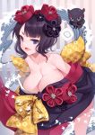  1girl absurdres bangs bare_shoulders blue_eyes blush breasts cleavage collarbone fate/grand_order fate_(series) hair_ornament hairpin highres japanese_clothes katsushika_hokusai_(fate/grand_order) kimono large_breasts leaning_forward long_sleeves looking_at_viewer nekosama_shugyouchuu octopus off_shoulder open_mouth purple_kimono sash short_hair smile thighs tokitarou_(fate/grand_order) wide_sleeves 