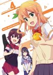  3girls character_name eyebrows_visible_through_hair food fruit hair_bun highres hinatsuki_mikan long_hair machikado_mazoku mandarin_orange multiple_girls official_art ogura_shion open_mouth orange_hair sata_anri 