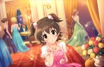  akagi_miria blush brown_eyes brown_hair candlelight dress earrings flower frills hair_ornament hand_over_face idolmaster idolmaster_cinderella_girls indoors jewelry looking_at_viewer official_art open_mouth party petite ribbon rose window 