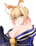  1girl absurdres ahoge animal_ear_fluff animal_ears bangs bare_shoulders black_bow blonde_hair blue_kimono blush bow breasts cleavage closed_mouth collarbone commentary_request cosplay eyebrows_visible_through_hair fang fang_out fate/grand_order fate_(series) fox_ears hair_intakes highres japanese_clothes kemonomimi_mode kimono kimono_pull large_breasts nero_claudius_(fate) nero_claudius_(fate)_(all) short_hair simple_background skin_fang solo tamamo_(fate)_(all) tamamo_no_mae_(fate) tamamo_no_mae_(fate)_(cosplay) tears tming upper_body white_background 
