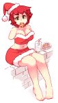  1girl amputee bangs bare_legs bare_shoulders barefoot breasts cleavage cookie cup double_amputee drinking_straw food fur_trim green_eyes katawa_shoujo large_breasts looking_at_viewer midriff milk mouth_hold navel no_arms plate red_hair red_skirt rtil santa_costume short_hair sitting sitting_on_wall skirt smile solo strapless tezuka_rin wall 