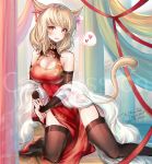  1girl animal_ears bangs black_legwear blonde_hair blush breasts cat_ears cat_tail china_dress chinese_clothes cleavage commission dated detached_sleeves dress earrings eyebrows_visible_through_hair facial_mark fang final_fantasy final_fantasy_xiv flower garter_straps hair_flower hair_ornament heart highres jewelry kneeling large_breasts looking_at_viewer medium_hair mii@chiffonx miqo&#039;te open_mouth orange_eyes side_slit signature slit_pupils solo speech_bubble spoken_heart tail thighhighs 