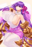  1girl bangs bare_shoulders blush bow breasts claws collar eyebrows_visible_through_hair fate/extra fate/extra_ccc fate/grand_order fate_(series) hair_ribbon hayama_kazusa highres huge_breasts long_hair looking_at_viewer passion_lip purple_eyes purple_hair ribbon solo very_long_hair 