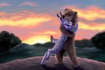  ambiguous_gender felid feline geckozen hi_res hug lynx male mammal nude odax sunset ursid 