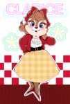  2018 a_ro5252 anthro belt blue_eyes blush bottomwear bow chipmunk clarice_(disney) clothed clothing disney english_text eyelashes female fishnet footwear frilly frilly_clothing fur ground_squirrel hair hand_behind_neck hand_on_hip jacket looking_at_viewer mammal red_clothing red_footwear red_shoes ribbons rodent sciurid shoes skirt tan_body tan_fur tan_hair text topwear yellow_bottomwear yellow_clothing yellow_skirt 