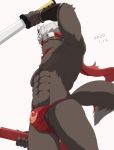  abs accessory asian_clothing bodily_fluids bulge canid canine canis chirasgi clothing domestic_dog east_asian_clothing fundoshi headband japanese_clothing male mammal melee_weapon muscular muscular_male ninja pecs scarf sweat sword tadatomo tokyo_afterschool_summoners underwear video_games warrior weapon 