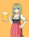  1girl alcohol bangs beer beer_mug black_dress blue_eyes bow braid breasts cleavage closed_mouth cup dirndl dress eyebrows_visible_through_hair german_clothes green_hair hair_between_eyes hair_over_shoulder hairband hand_on_hip highres holding holding_cup long_hair medium_breasts muu_(mumumer) orange_background original puffy_short_sleeves puffy_sleeves red_apple red_bow red_hairband shirt short_sleeves simple_background sleeveless sleeveless_dress smile solo striped striped_hairband twin_braids white_shirt 