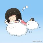  1girl :3 animal bird black_hair blue_background blush closed_eyes closed_mouth commentary_request failure_penguin floating hatsuyuki_(kantai_collection) hime_cut kantai_collection long_hair lying miicha miss_cloud on_stomach penguin pillow pillow_grab shirt short_sleeves sleeping solo twitter_username under_covers white_shirt 