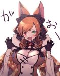  1girl :o animal_ears bangs black_bow black_gloves bow breasts brown_hair cleavage gen_6_pokemon gloves green_eyes hair_bow hands_up heterochromia highres large_breasts long_hair lycanroc moe_(hamhamham) personification pokemon red_eyes simple_background solo swept_bangs upper_body white_background 