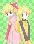  2girls :d black_eyes blonde_hair blue_eyes breasts cape checkered checkered_background commentary_request detached_sleeves dress flat_chest green_background hair_ornament hair_ribbon highres long_hair long_sleeves marron_(pokemon) mijumaruko multiple_girls open_mouth pink_dress pink_ribbon pokemon pokemon_pipipi_adventure pokemon_special ribbon small_breasts smile star yellow_(pokemon) yellow_dress 