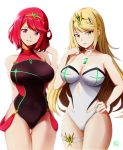  2girls blonde_hair breasts cleavage commentary competition_swimsuit covered_navel earrings english_commentary eyebrows_visible_through_hair gem hair_ornament headpiece highres hikari_(xenoblade_2) homura_(xenoblade_2) jewelry large_breasts long_hair looking_at_viewer multiple_girls nintendo one-piece_swimsuit pose red_eyes red_hair short_hair simple_background standing swimsuit teeth thigh_strap thighs tiara turtleneck very_long_hair white_background whitelie xenoblade_(series) xenoblade_2 yellow_eyes 