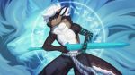  16:9 2020 5_fingers andyd anthro blue_eyes brown_body brown_fur canid canine canis clothed clothing digital_media_(artwork) fingers fur hair jackal magic magic_circle male mammal melee_weapon solo sword topless weapon white_hair 