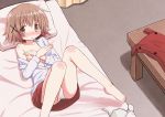  1girl absurdres bare_legs blush bra bra_removed brown_eyes brown_hair collarbone collared_shirt dress_shirt hair_ornament hidamari_sketch highres huge_filesize knees_up lying off_shoulder on_back on_bed open_clothes open_shirt panties pantyshot pantyshot_(lying) percy_pyl red_skirt school_uniform shirt skirt solo sweatdrop underwear undressing white_panties white_shirt x_arms x_hair_ornament yamabuki_school_uniform yuno 