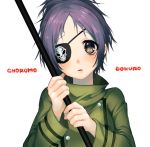  1girl blue_hair breasts chrome_dokuro commentary_request eyepatch katekyo_hitman_reborn! looking_at_viewer open_mouth polearm school_uniform short_hair simple_background solo weapon white_background 