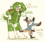  2018 5_fingers 5_toes anthro barefoot bf_109_(hideki_kaneda) boots breasts brown_body brown_fur canid canine canis clothing domestic_dog duo eye_contact eyewear female fingers fluffy fluffy_tail footwear fur glasses green_body green_fur green_hair hair hand_on_hip hat headgear headwear jumping looking_at_another looking_down mammal shinzan simple_background smile standing toes white_background white_hair 