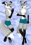  anthro black_body black_fur blush canid canine clothing dakimakura_design fidencio fluffy fluffy_tail fox fur grey_body grey_fur hi_res male mammal pillow shame underwear white_body white_fur zowslli 