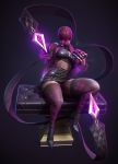  1girl 3d absurdres bare_shoulders breasts claws crop_top day evelynn feather_boa fishnet_legwear fishnets full_body glasses glowing halter_top halterneck high-waist_skirt high_heels highres idol k/da_(league_of_legends) k/da_evelynn large_breasts league_of_legends long_hair panties pantyshot pantyshot_(sitting) pince-nez pink-tinted_eyewear purple_hair purple_panties red_eyes sideboob sitting skirt solo sunglasses thick_thighs thighhighs thighs travis_ngov ultraviolet_light underwear 