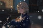  1girl absurdres alternate_costume blonde_hair blue_eyes christmas_ornaments degu_guke fate/grand_order fate_(series) highres jeanne_d&#039;arc_(fate) jeanne_d&#039;arc_(fate)_(all) messy_hair parted_lips rating snowflakes snowing solo sweater turtleneck upper_body 