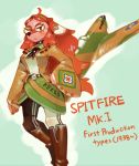  2018 ahoge aircraft anthro boots canid canine canis clothed clothing domestic_dog english_text eyewear female footwear fur glasses hair hand_on_hip hideki_kaneda long_hair looking_at_viewer mammal pink_body pink_fur red_hair solo spitfire spitfire_(hideki_kaneda) spitfire_mk_i standing text 