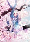  1girl :o absurdres animal_ears azumarill bangs blue_hair blurry blurry_background bow braid brooch check_character cherry cherry_blossoms day flower food fruit hair_bow hair_flower hair_ornament highres huge_filesize in_tree jewelry long_sleeves medium_hair moe_(hamhamham) outdoors personification pokemon red_eyes sitting solo tail tree 