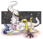  arceus claws creature dialga eye_contact full_body gen_4_pokemon gen_7_pokemon giratina green_eyes looking_at_another palkia pokemon pokemon_(creature) pokemon_on_back red_eyes size_difference sky standing star_(sky) starry_sky taplaos type:_null 