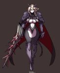  1girl artoria_pendragon_(all) artoria_pendragon_(lancer_alter) ass_visible_through_thighs babo blonde_hair bodysuit breasts brown_background cape cleavage crown fate/grand_order fate_(series) full_body gauntlets greaves groin hair_between_eyes highres holding holding_weapon lance navel pale_skin pauldrons polearm simple_background slit_pupils solo thigh_cutout weapon yellow_eyes 