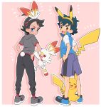  2boys animal_ears black_hair black_pants blue_footwear blue_shorts blue_vest blush bunny_ears bunny_tail commentary dark_skin dark_skinned_male embarrassed emphasis_lines from_behind full_body gen_1_pokemon gen_8_pokemon gou_(pokemon) grey_footwear grey_shirt holding_another&#039;s_arm leg_hug looking_at_viewer lower_teeth multiple_boys okaohito1 open_mouth pants pikachu pikachu_ears pikachu_tail pink_background pokemon pokemon_(anime) pokemon_(creature) pokemon_ears pokemon_swsh_(anime) satoshi_(pokemon) scorpion_tail shirt shoes shorts simple_background sneakers spiked_hair sweat tail vest white_shirt 