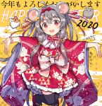  1girl 2020 :d animal_ear_fluff animal_ears bell black_legwear blush bow chinese_zodiac commentary_request floral_print flower fur-trimmed_kimono fur_trim grey_hair hair_bow hair_flower hair_ornament happy_new_year ichihaya japanese_clothes jingle_bell kimono long_hair long_sleeves looking_at_viewer mouse_ears new_year obi open_mouth original pink_flower print_kimono red_bow red_eyes red_footwear red_kimono round_teeth sash smile solo teeth thighhighs upper_teeth very_long_hair wide_sleeves year_of_the_rat yellow_background yellow_bow 