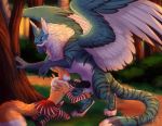  2020 anthro anthro_on_feral avian balls beak bestiality clothed clothing crossdressing day detailed_background digimon digimon_(species) digital_media_(artwork) feathered_wings feathers feral forest genitals grass gryphon kneeling male male/male oral outside park penis renamon silvyr trail tree wings 