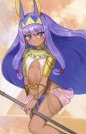  1girl absurdres animal_ears bangs belly_chain blush breasts closed_mouth dark_skin earrings egyptian egyptian_clothes facepaint facial_mark fate/grand_order fate_(series) hair_tubes hairband highres hoop_earrings jackal_ears jewelry long_hair looking_at_viewer low-tied_long_hair navel nitocris_(fate/grand_order) pauldrons purple_eyes purple_hair seojinhui sidelocks small_breasts smile solo staff thighs usekh_collar 