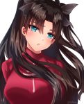  1girl bangs black_bow black_hair blue_eyes bow breasts closed_mouth eyebrows_visible_through_hair fate/stay_night fate_(series) floating_hair hair_between_eyes hair_bow highres large_breasts long_hair red_sweater shiny shiny_hair simple_background solo sweater takitatsuki toosaka_rin twintails twitter_username upper_body very_long_hair white_background 