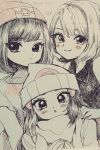  3girls bangs beanie blush eyelashes greyscale hand_on_shoulder hat long_hair looking_at_viewer minapo monochrome moon_(pokemon) multiple_girls platinum_berlitz pokemon pokemon_special scarf short_hair sidelocks signature smile thank_you traditional_media y_na_gaabena 