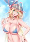  1girl absurdres bikini blonde_hair blue_sky bracelet breasts cleavage cloud commentary_request cowboy_shot dark_magician_girl hat highres jewelry karucho large_breasts long_hair navel necklace open_mouth sky swimsuit wizard_hat yuu-gi-ou 