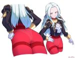  1girl artist_name ass cropped_legs edelgard_von_hresvelg epaulettes fire_emblem fire_emblem:_three_houses from_above from_behind from_below grey-framed_eyewear grey_eyes grimmelsdathird hand_on_hip head_out_of_frame highres long_hair looking_at_viewer panties solo twitter_username underwear white_background 