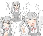  1girl arms_up bangs belt black_ribbon black_skirt blush brown_eyes clenched_hand closed_mouth collared_shirt crying dress eyebrows_visible_through_hair frown furrowed_eyebrows grey_hair hair_between_eyes hair_ribbon hands_on_hips highres kantai_collection kasumi_(kantai_collection) long_hair long_sleeves looking_at_viewer looking_away motion_lines multiple_views neck_ribbon pinafore_dress pleated_skirt poyo_(hellmayuge) red_ribbon remodel_(kantai_collection) ribbon school_uniform shirt side_ponytail simple_background skirt solo speech_bubble sweat teardrop tears translated upper_body white_background white_shirt 