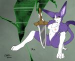  .hack 2020 anthro blokfort breasts clothed clothing felid feline female fur genitals long_ears looking_at_viewer mammal melee_weapon mia mia_(.hack) nipples nude purple_body purple_fur pussy simple_background sitting smile solo sword weapon white_body white_fur yellow_eyes 