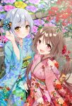  2girls :d bangs berries blue_flower blue_kimono blue_nails breasts brown_hair closed_mouth commentary_request eyebrows_visible_through_hair floral_print flower hair_between_eyes hair_flower hair_ornament hatsumoude highres holding japanese_clothes kimono long_hair long_sleeves minamoto_mamechichi multiple_girls nengajou new_year obi official_art open_mouth orange_eyes pinching_sleeves pink_flower pink_nails print_kimono purple_flower re:wing red_eyes red_flower sash silver_hair sleeves_past_wrists small_breasts smile takazora_ui tree_branch upper_teeth very_long_hair washio_rena wide_sleeves yellow_flower 