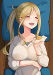  1girl arm_across_waist beige_sweater blonde_hair blush breasts closed_eyes commentary_request cushion eating fang floor food hand_on_own_stomach highres holding holding_food inuyama_aoi large_breasts lying on_back on_stomach one-piece_swimsuit open_mouth pillow plan_(planhaplalan) skin_fang smile solo sweater swimsuit thick_eyebrows twintails upper_body yurucamp 