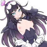  1girl absurdres bangs black_hair blue_eyes breasts breasts_outside dress dutch_angle eyebrows_visible_through_hair hairband highres infinite_dendrogram long_hair looking_at_viewer minkye nemesis_(infinite_dendrogram) nipples simple_background small_breasts smile solo white_background 
